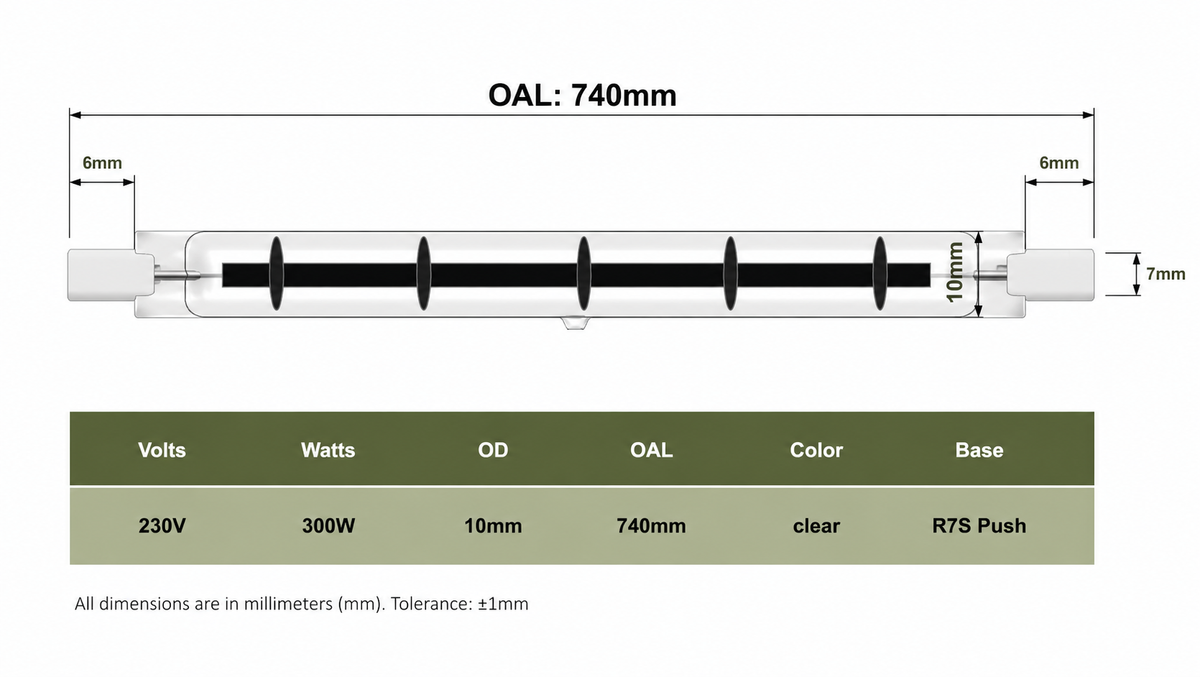 740mm Quartz Halogen Infrared Sauna Heater Tube (R7S) – 230V | 300W / 350W / 400W